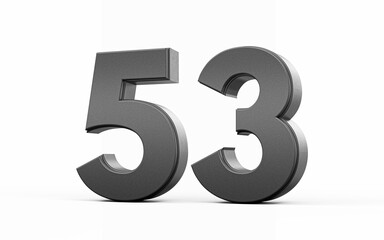 Sleek metallic Black number 53 Fifty three standing on a white background, 3d illustration