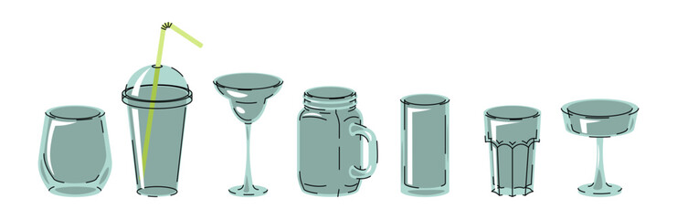 Empty Glass and Cocktail Glass Set in Flat Design on White Background. Minimalist Vector Illustrations for Beverage Packaging, Drink Branding, Labels, Summer Graphics and Creative Projects.