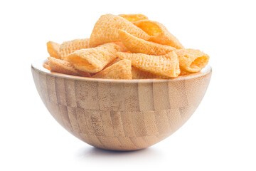 Salted snack chips in bowl isolated on white background.