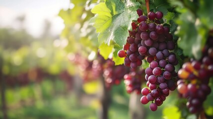 Fototapeta premium Beautiful clusters of ripe red grapes hang on a vineyard vine