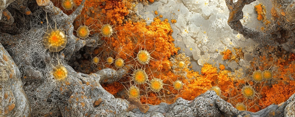 Poster intricate formations of amoebas creating complex cellular structures in a vibrant environment with o