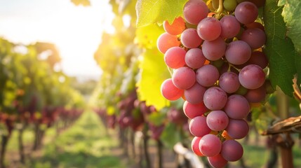 A close up view of grapes hanging in a vineyard