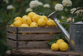 Fresh lemons in a wooden crate beside a watering can in a garden setting