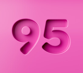 Vibrant pink number 90 Ninety five embossed on a pink background, 3d illustration