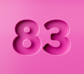 Vibrant pink number 83 Eighty three embossed on a pink background, 3d illustration