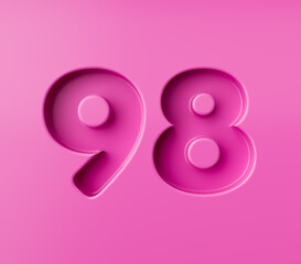 Vibrant pink number 98 Ninety eight embossed on a pink background, 3d illustration