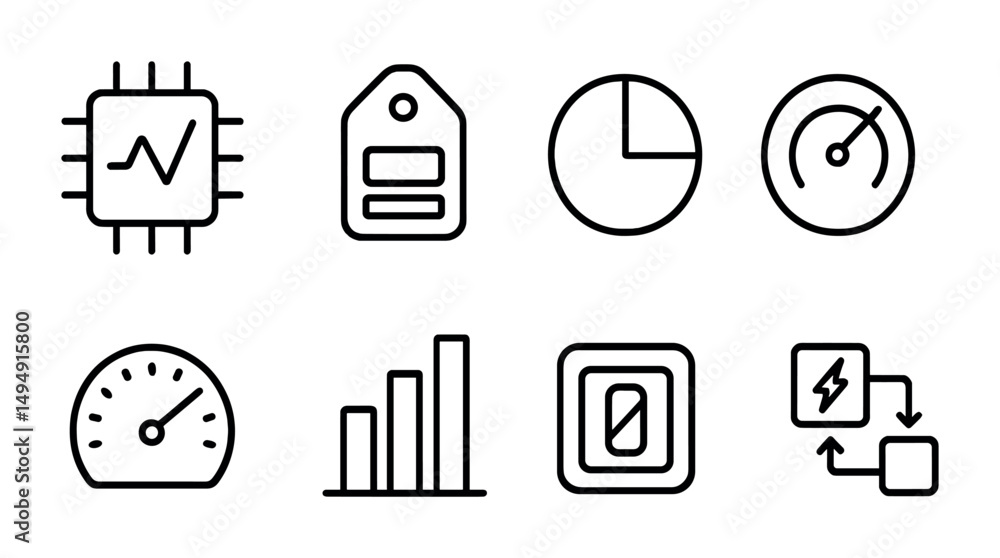 Aufkleber tech and data line icons set – linear, outline, technology and analytics symbols