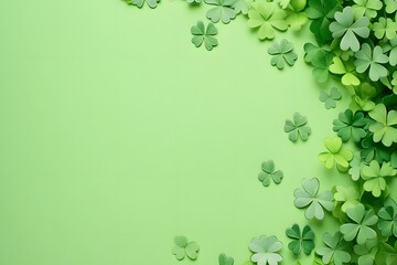 A festive composition of vibrant green shamrocks arranged on a pastel green backdrop, symbolizing good luck