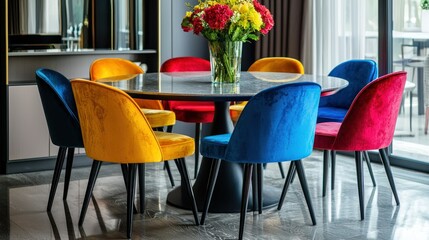 Obraz premium A set of vibrant, colorful dining chairs placed around a round table in a chic, contemporary dining room