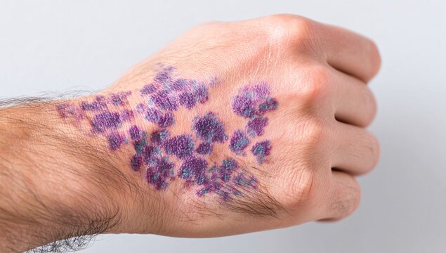 Lichen planus causing purple papules on the wrist, part of an inflammatory skin condition.