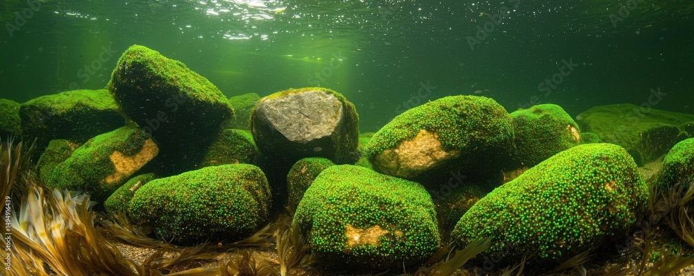 Poster close-up view of cyanobacteria covered rocks in a freshwater environment with underwater sunlight fi
