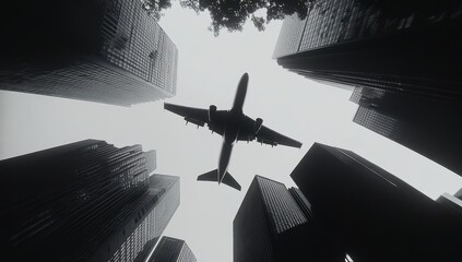 Airplane soaring over tall buildings
