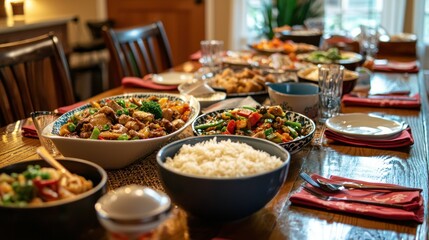 Obraz premium A vibrant Asian dining table with multiple dishes, including rice, stir-fry, and soup, all served family-style