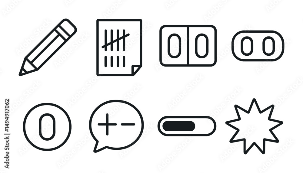 Poster timesheet and progress outline icons set – minimal, linear, task management symbols