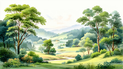 Watercolor Wind Green Forest Illustration