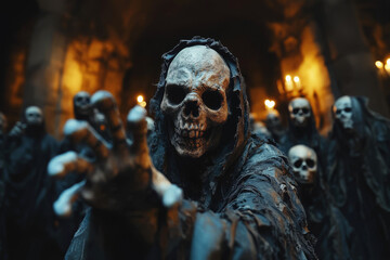 In a dimly lit setting, a dark puppet master thrusts his arms toward the camera, lifeless dolls dressed in tattered garments on the background, evoking a chilling fairytale atmosphere