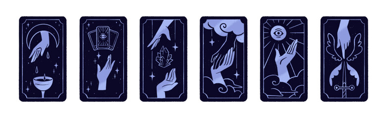 Tarot cards set. Fortune telling, divination by esoterics, zodiacs and astrology. Designs of backs with hands, spiritual crystal, magic arcana of swords, cups, pentacles. Flat vector illustrations