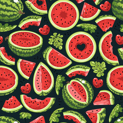 Seamless pattern with watermelon in flat design. Vector illustration of juicy fruit slices perfect for textile printing, wallpaper, wrapping paper, web backgrounds and summer themed designs