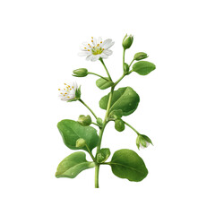 Obraz premium Detailed Botanical Illustration of Chickweed (Stellaria media) with White Flowers and Dewdrops