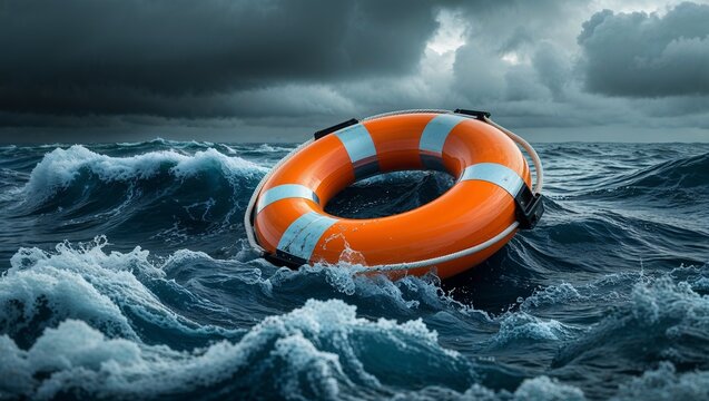 A lifebuoy floats on a wavy ocean under a dark cloudy sky during a stormy day at sea rescue