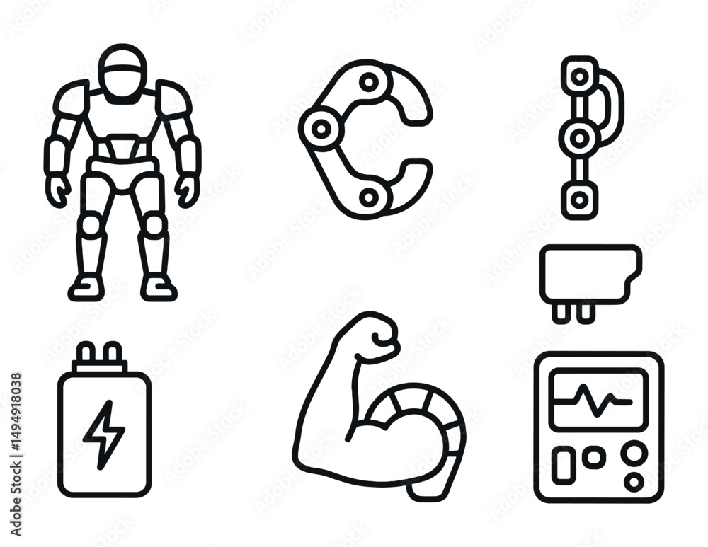 Poster robotics and automation outline icons set – linear, mechanical, technology symbols