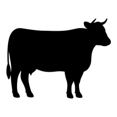 A full body silhouette of a black cow with small horns