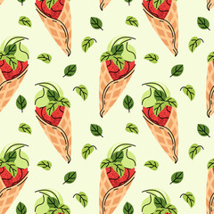 Watermelon ice cream seamless pattern. Flat waffle cone with sorbet and mint leaves. Summer textiles, dessert packaging, cafe decor, party supplies. Vector illustration