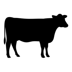 Silhouette of a cow in black standing against a white background