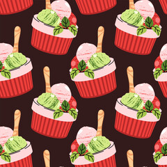 Watermelon sorbet seamless pattern. Background with cup with ice cream wooden spoon and mint leaves in flat style. Summer textiles, dessert packaging, cafe decor, party supplies. Vector illustration.