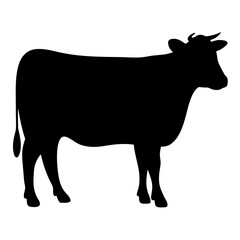 Monochrome Silhouette of a Horned Cow Standing in Profile on White