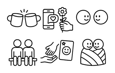 Friendship outline icons set – linear, social symbols and connection graphics