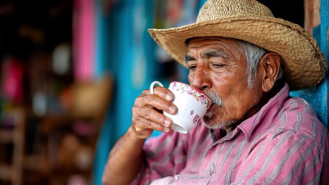 Portrait of a joyful elderly Colombian man wearing a traditional straw hat and holding a floral coffee cup. 