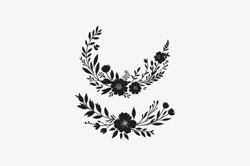 Decorative round floral frames made of blooming flowers hand drawn with contour lines on white background.