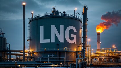 Lng storage tank with smoke stacks and pipelines at an industrial processing facility at dusk or dawn