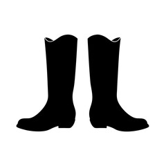 Two tall black cowboy boots stand side by side on a white background