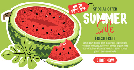 Summer Sale Banner with Half Watermelon, Flat Design Horizontal Promo Template. Fruit Background for Seasonal Discount, Food Marketing, Grocery Ads Social Media Campaign, Website, Store Promotion.