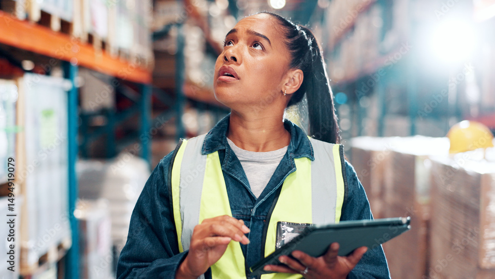 Poster thinking, supply chain and woman in warehouse, tablet and quality check with inventory. person, empl