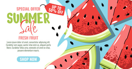 Summer Sale Banner with Watermelon Slices, Flat Design Horizontal Vector Illustration. Fresh Fruit Background for Promotion, Discount, Marketing Campaign. For Social Media, Website, Email Newsletter
