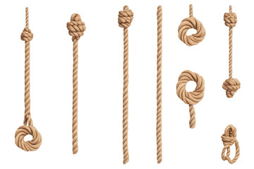 Various rope elements featuring knots and straight strands on a black background for graphic design use