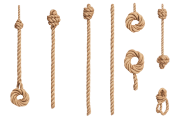 Various rope elements featuring knots and straight strands on a black background for graphic design use