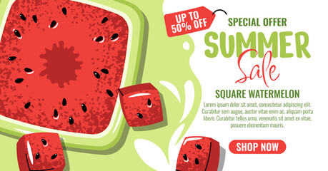 Square Watermelon Slice Sale Banner, Flat Design Horizontal Promo Template. Asian Inspired Unique Fruit Concept for Summer Discount, Food Marketing. For Social Media, Store Promotion, Digital Campaign
