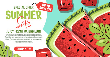 Horizontal Summer Sale Banner with square Watermelon Pieces in Flat Illustration. Juicy Asian Berry. Ideal for E-commerce, Food Deals, Online Marketing, Retail and Social Media Campaigns
