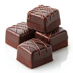 Chocolate bonbons, square shape, glossy surface, dark chocolate drizzle, stacked confections, rich brown color, decadent dessert, on white background
