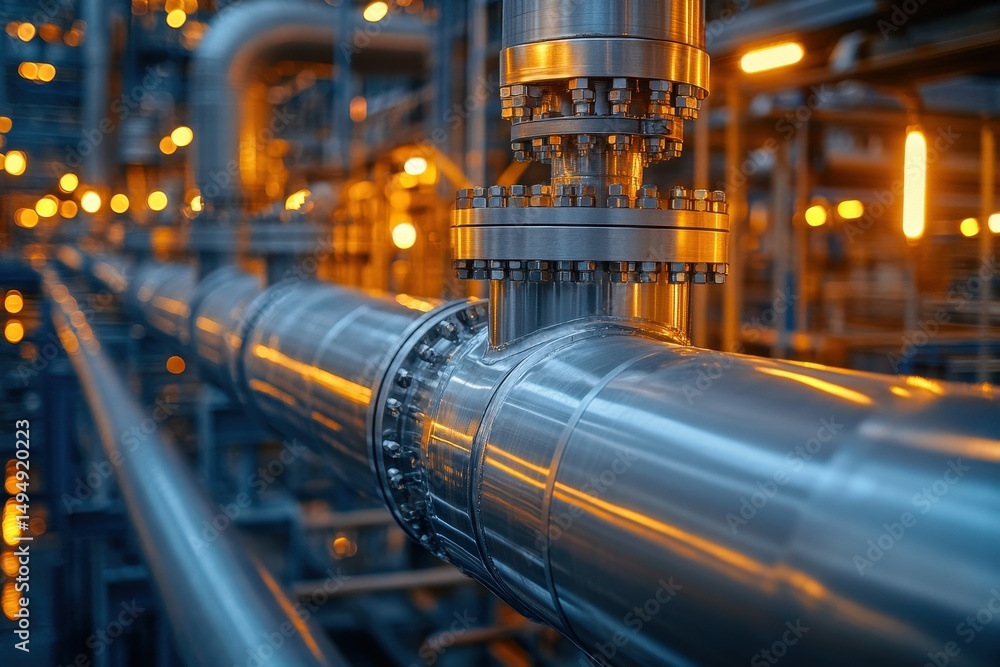 Poster industrial pipeline system with illuminated surroundings showcasing engineering and design in a manu