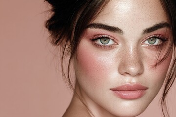 Naklejka premium Natural makeup look highlighting green eyes and rosy cheeks for beauty enthusiasts