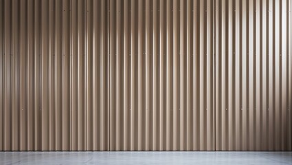 A corrugated metal wall with vertical lines and a smooth concrete floor in a neutral color palette