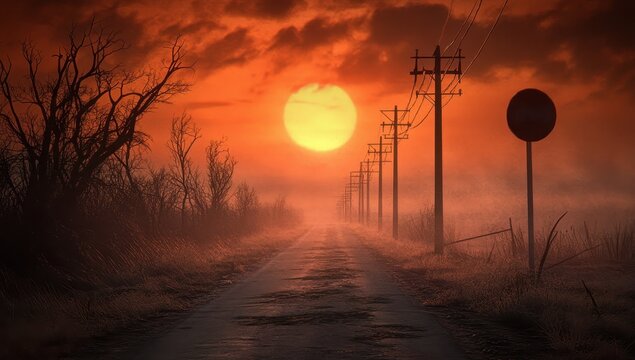 Desolate road at sunset. Foggy, barren landscape with power lines and a round sign - Powered by Adobe
