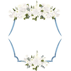 Hand draw frame with watercolor and graphic blue and white flowers, wildflowers and hydrangea, isolated on white background