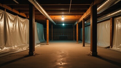 Illuminated unfinished basement with wooden support beams and plastic sheeting on the walls