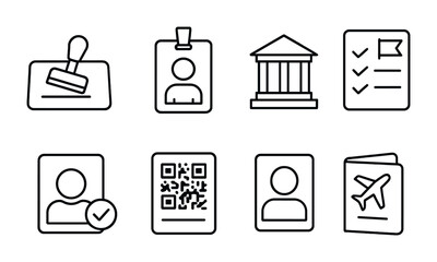 Verification and security icons set – outline, linear, id and travel symbols